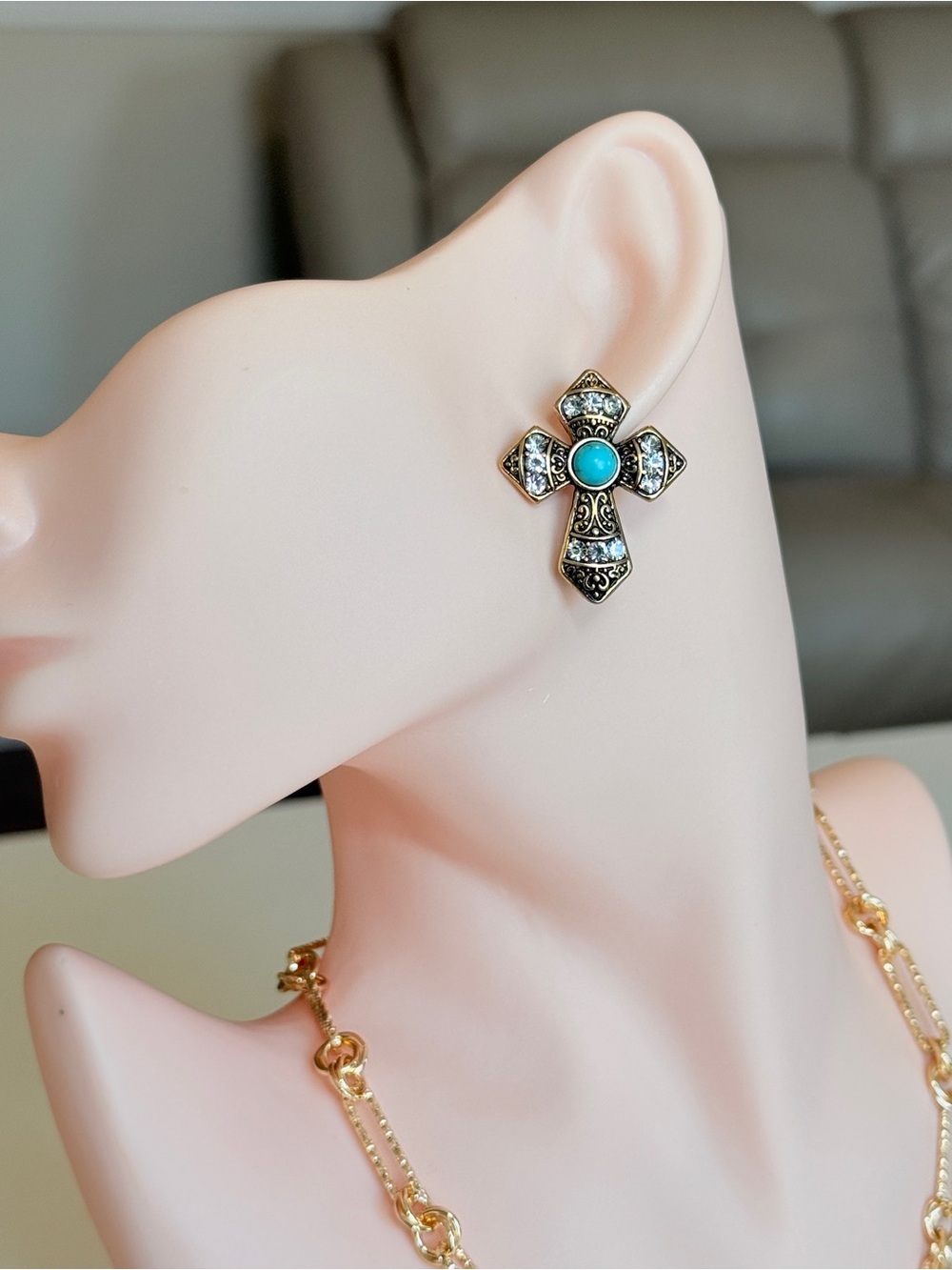 Vintage Gold Cross Earrings with Turquoise